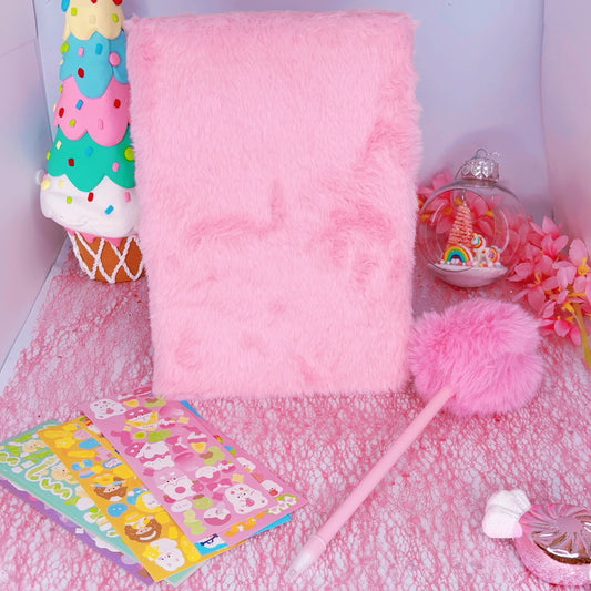 CARNET EN PELUCHE ROSE AVEC STYLO + STICKERS